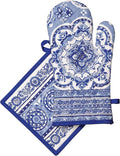 Maison d' Hermine 100% Cotton Oven Mitt & Pot Holder Set (7.5"x13" & 8"x8") Heat Resistant BBQ Cooking Gloves with Loop Baking Grilling Kitchen Gifts for Mothers Day Spring/Summer(Melodie Bleue)
