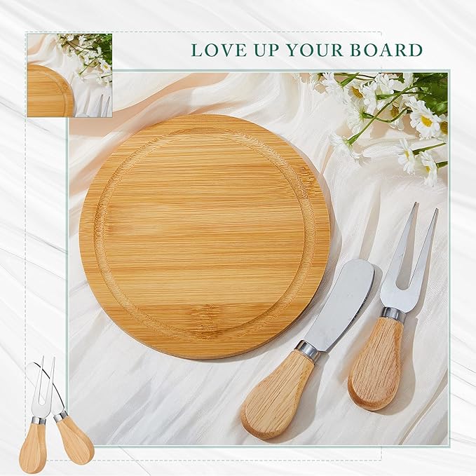 Maxcheck 3 Sets Baby Shower Bridal Game Prizes for Winners Round Cheese Board Set Wood Mini Charcuterie Board with Knives and Forks Thank You Card with Gift Box for Guests Wedding (Bamboo)