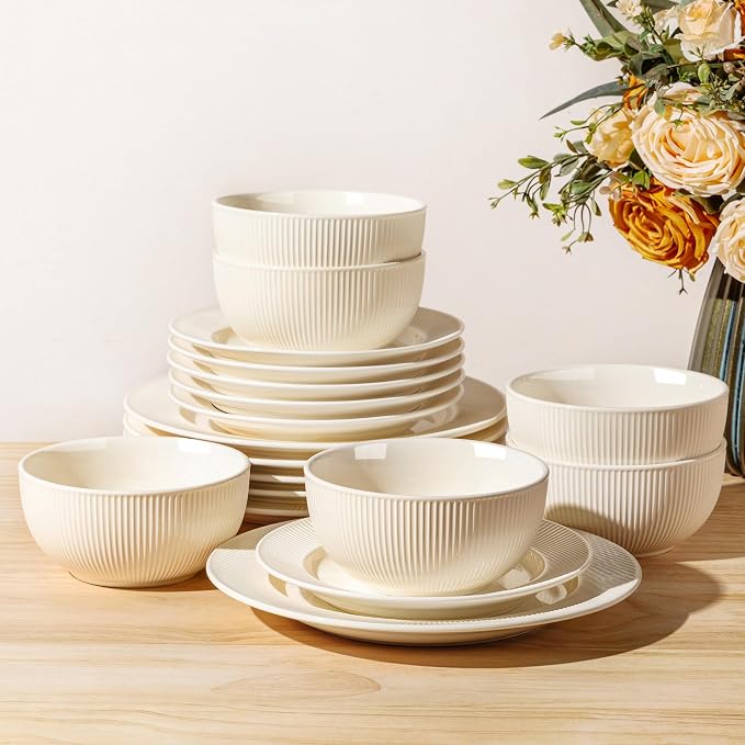 TheTerra Stoneware Dinnerware Sets for 6, 18 Pieces Ceramic Plates and Bowls Sets, Scratch Resistant Embossed Dish Set, Oven, Microwave & Dishwasher Safe, Ivory