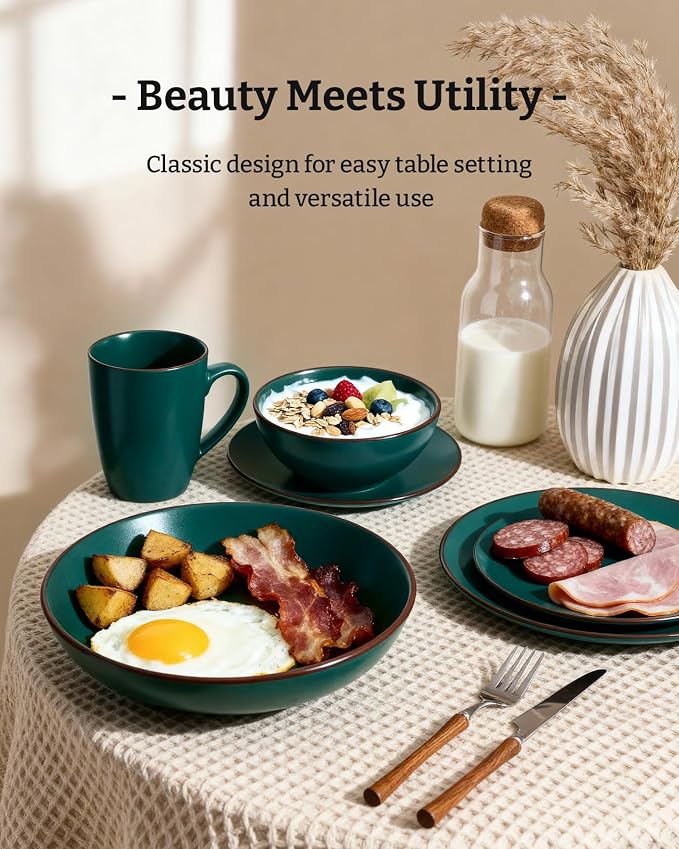 Famiware Venus 16-Piece Stoneware Dinnerware Sets with Mugs, Plates, Bowls, Service for 4, Matte Dark Green - Modern Ceramic Chip‑Resistant Dishes for Everyday & Formal, Microwave & Dishwasher Safe