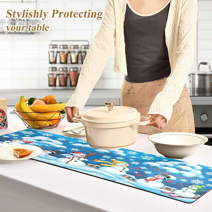 Christmas Winter Blue Snowman Snowflakes Trivet Table Runner 40 Inches Long Trivet for Hot Pots and Pans/Hot Dishes,Table Protector Heat Up to 230F, Decorative Hot Plates Mat for Kitchen Countertop