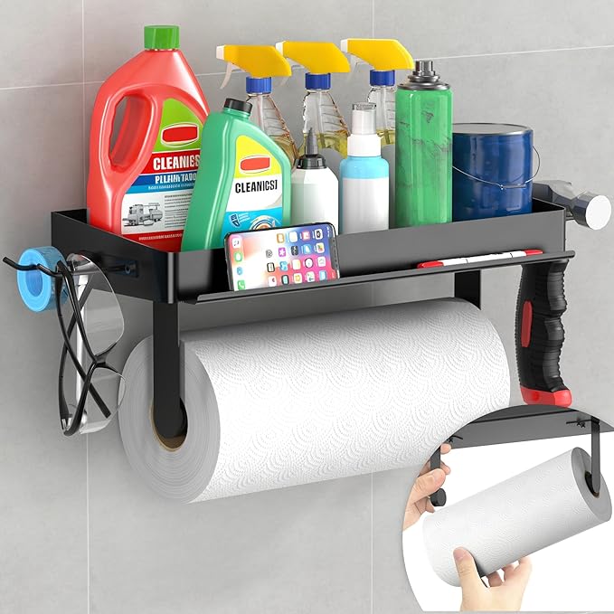 YIGII Wall Mount Paper Towel Holder with Phone Stand, Garage Papertowel Holder with Shelf and 4 Extended Hooks, Heavy Duty Stainless Steel Paper Towel Rack for Garage & Tool Room, Black