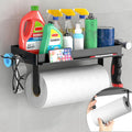 YIGII Wall Mount Paper Towel Holder with Phone Stand, Garage Papertowel Holder with Shelf and 4 Extended Hooks, Heavy Duty Stainless Steel Paper Towel Rack for Garage & Tool Room, Black