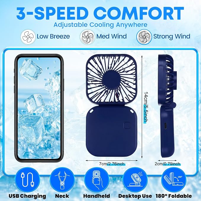 Reallnaive 6 Pcs Skinny Tumbler Bulk and Mini Portable Fans Set for Summer, 16 oz Plastic Cups with Lids Straws and Small USB Rechargeable Handheld Fan for Cooling Gift (Dark Blue)