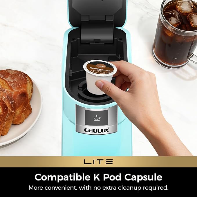 CHULUX Lite Single Serve Coffee Maker for K Cup Capsules, Single Cup Reservoir Coffee Maker with One Touch Brewing, 5 to 12 Oz Brew Sizes, Designed Specifically for Standard Mugs, Cyan
