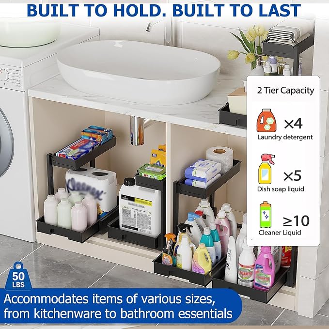 BLULEE 2 Tier Under Sink Organizer, Adjustable Cabinet Storage Rack（2 PACK） | Under the sink organizer for kitchen organization. Heavy duty metal frame clears bathroom vanity pipes safely.