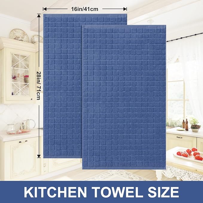 Homaxy Premium Cotton Kitchen Towels 16"x 28", Large Natural Ring Spun 390 GSM Dish Towels, Super Absorbent Terry Kitchen Hand Towels, Soft Tea Towels with Hanging Loop, Pure Navy Blue Design, 4 Pack