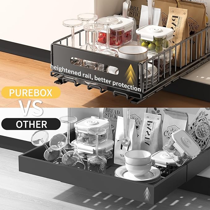 PureBox Pull Out Cabinet Organizer, Slide Out drawers for cabinets, Heavy Duty Carbon Steel Roll Out Shelves for kitchen, bathroom, pantry (14.7’’-23.1’’ Slide, Adhesive & Screw), Black (2)