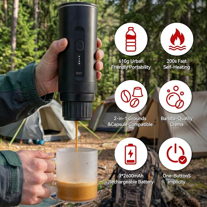 Portable Coffee Maker Electric Espresso Machine, Coffee Espresso Maker for Travel Self-Heating USB-C, Battery Powered with 7800mAh, for Ground Coffee & NS Capsule, for RV, Hiking, Office,Gifts for Men