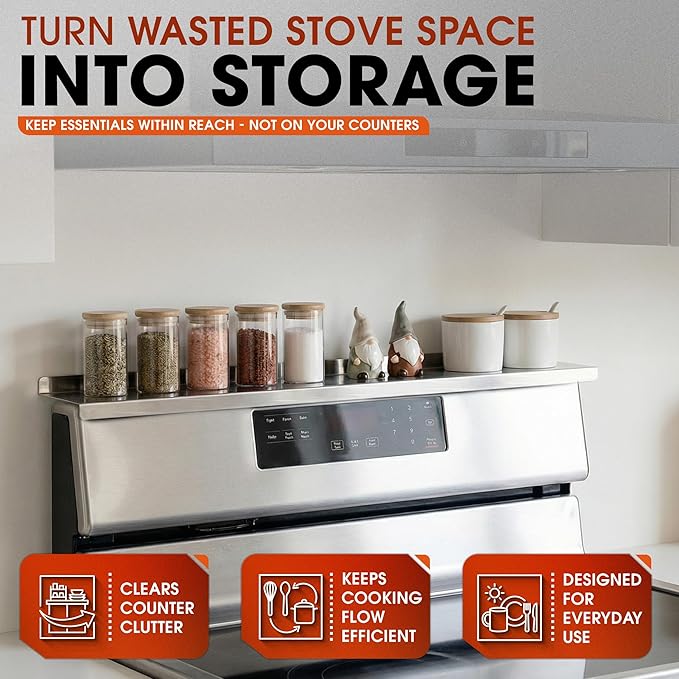 30 Inch Magnetic Stove Top Shelf - Stainless Steel Over Stove Storage Rack for Spices & Condiments - Tool-Free Fit for Flat & Curved Stoves
