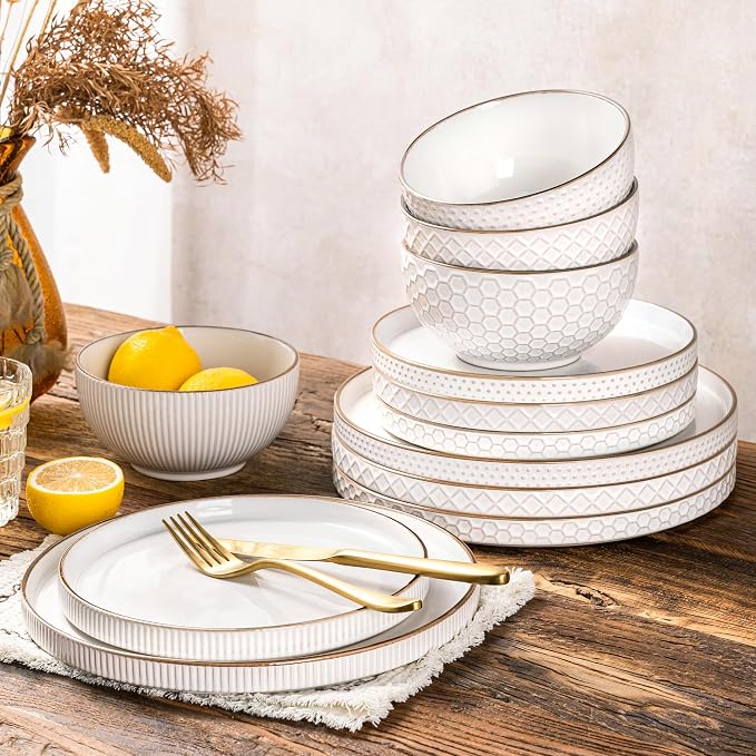 GBHOME Stoneware Dinnerware Sets Service for 4, 12 Piece Embossed Plates and Bowls Set, Elegant Ceramic Dish Set, Chip Resistant, Microwave & Dishwasher Safe, Off white（stackable)