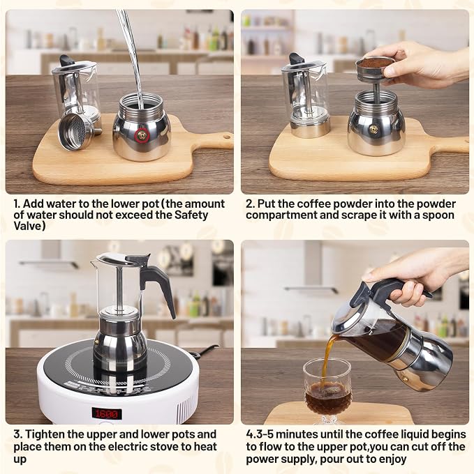 No Coating 4 Cup Glass Clear Moka Pot Thickened 304 Stainless Steel Stovetop Espresso Maker Italian Coffee Machine 200ml 6.8oz Classic Mocha Cafe Greca Coffee Suitable for Gas Induction