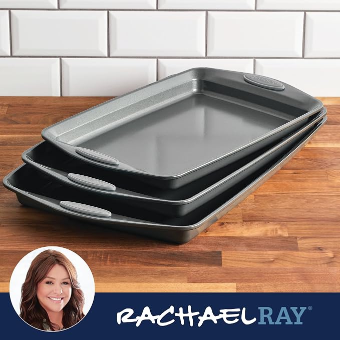 Rachael Ray Bakeware Nonstick Cookie Pan Set, Gray with Sea Salt Gray Silicone Grips, 3-Piece