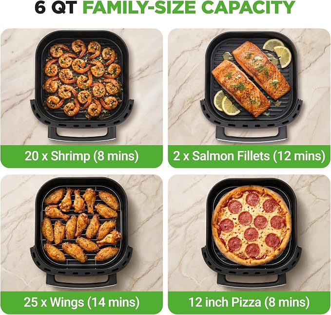 NutriChef 6 Quart Extra Large Air Fryer with 11-in-1 Cooking Presets | Extra-Large Basket Fits Up to 12” Pizza | Adjustable Temperature 450F & Timer Range | Dual Heat Source Technology | Grey