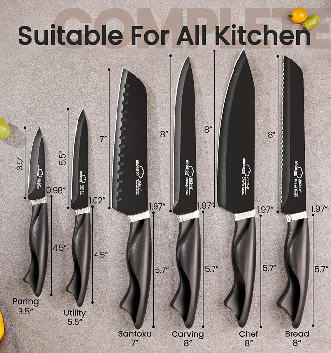 Knife Set, 15 Pieces Kitchen Knife Set with Built in Sharpener, German High Carbon Stainless Steel Knife Block Set, Dishwasher Safe, Black, Fathers Day Gift for Men