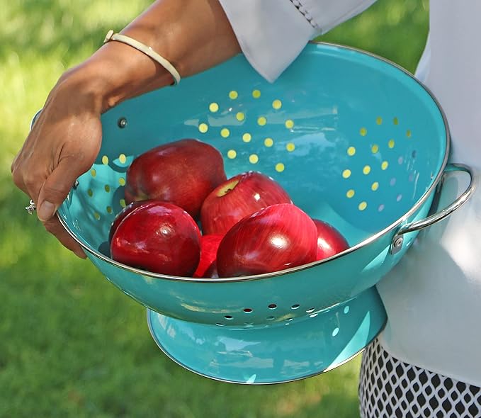 Reston Lloyd Calypso Basics Extra Large Enameled Colander with Solid Base, Strainer Basket with Handles, for Pasta, Berries, Vegetables, Fruit, 7 Quart, Turquoise ( 224oz/ 6.6 L)