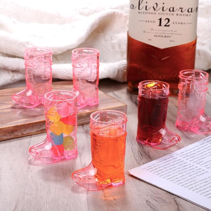 Aodaer 24 Pieces 1 OZ Pink Cowboy Boot Shot Glasses Mini Plastic Boot Shot Cups Western Cowboy Glasses Reusable Beer Mugs for Cowgirl Party Decorations Birthday Bachelorette Party Favors
