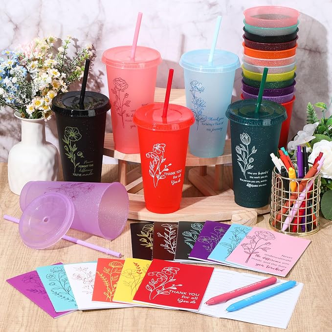 Feifeiya 72 Pcs/ 24 Set Team Appreciation Gifts for Cna Week 24 oz Appreciation Tumbler with Lids and Straws Motivational Pens Inspirational Notepads Set Plastic Cups Gift for Staff Employees