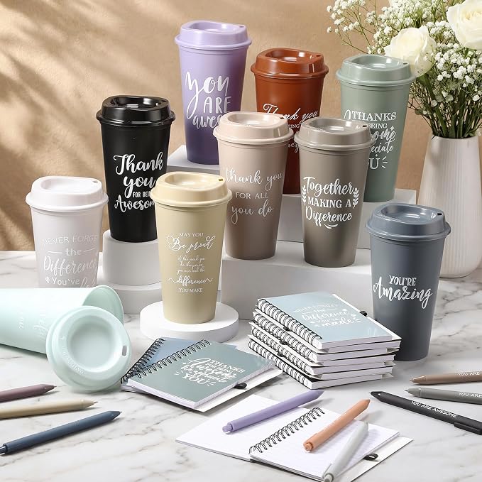 Teenyyou 135 Pcs Employee Appreciation Gift Set, 16oz Tumbler with Lid Notebook Pen Bulk Thank You Gift Holiday Party Favor for Teachers Office Coworker Teacher Staff Team (Dark Color,Delicate Style)