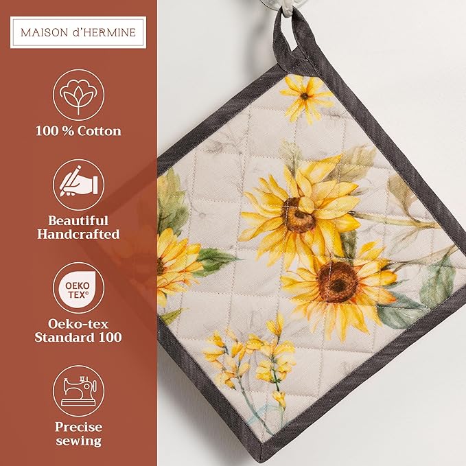 Maison d' Hermine Pot Holders 100% Cotton Heat Resistant Potholders 8" x 8" Hot Pads with Loop BBQ Cooking Baking Gifts for Mothers Day Handling Hot Pans Spring/Summer (Pack of 1, Candice)