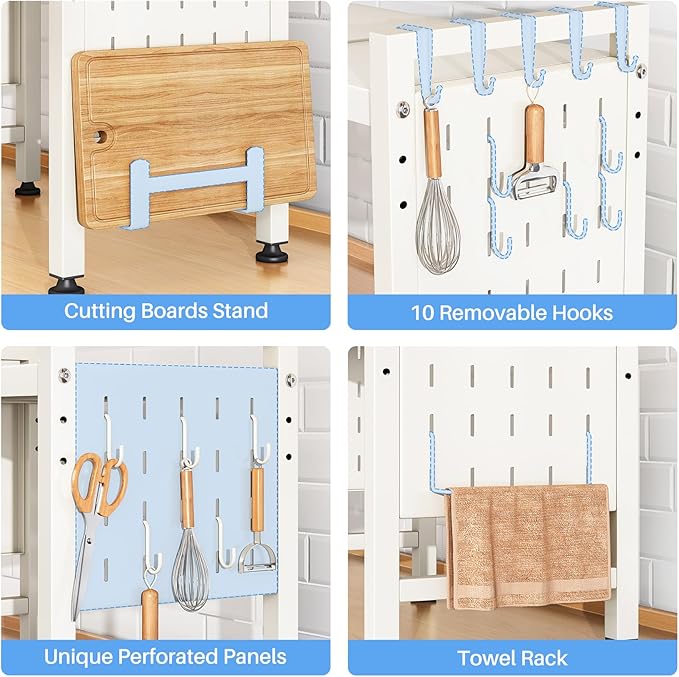 Expandable Microwave Stand, Heavy Duty 3-Tier Adjustable Microwave Oven Rack with 8 Hooks & 2 Holders, Space-saving Kitchen Counter Shelf for kitchen organizers and storage, 200lbs Capacity, White