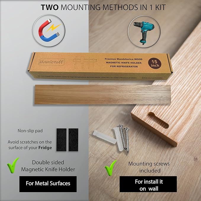 Premium Wood Magnetic Knife Holder for Refrigerator – 15 Inch Professional Double Sided Magnetic Knife Strip for Fridge - Ash Wooden Magnetic Knife Holder for Wall