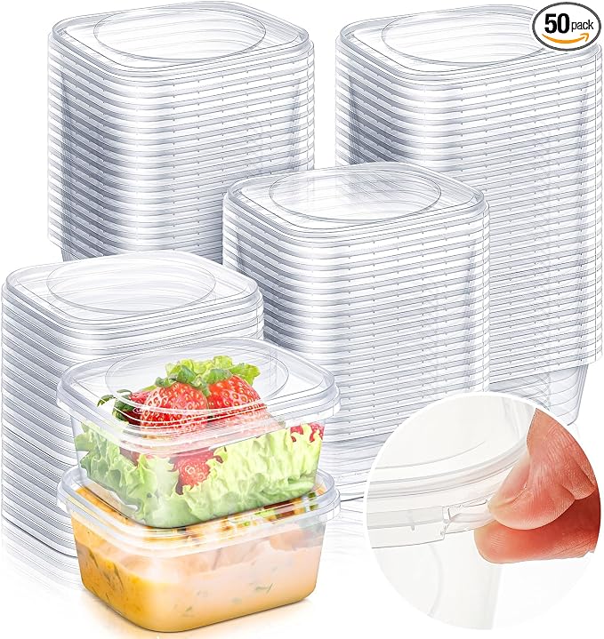 50 Pack 8 oz Deli Containers with Lids, Tamper Proof Leak Resistant Clear Plastic Food Storage Containers, Airtight Meal Prep Container for Soup Salad Tiramisu, Microwave & Dishwasher Safe