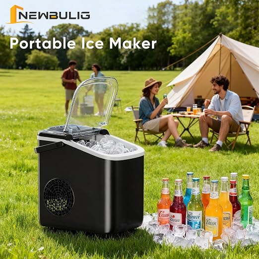 NEWBULIG Ice Maker, Countertop Ice Machine with Handle | 9 Bullet Cubes in 6-8 Mins, 26lbs Daily, Self-Cleaning with Basket and Scoop for Home/Kitchen/Camping/RV
