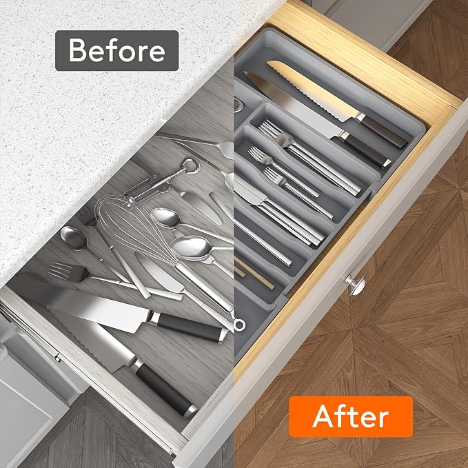 Lifewit Silverware Drawer Organizer, Expandable Utensil Tray for Kitchen, BPA Free Flatware and Cutlery Holder, Adjustable Plastic Storage for Spoons Forks Knives