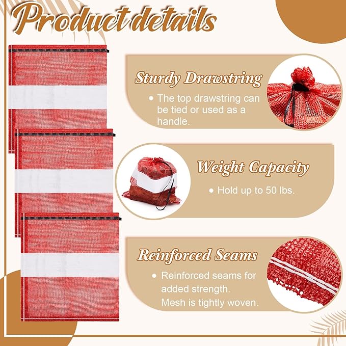 60 Pcs Onion Bags Reusable Mesh Produce Storage with Drawstring Firewood Bags Onion Potato Storage Sacks for Garden Vegetable Fruit Produce Packaging Supplies (24 x 28 Inch)