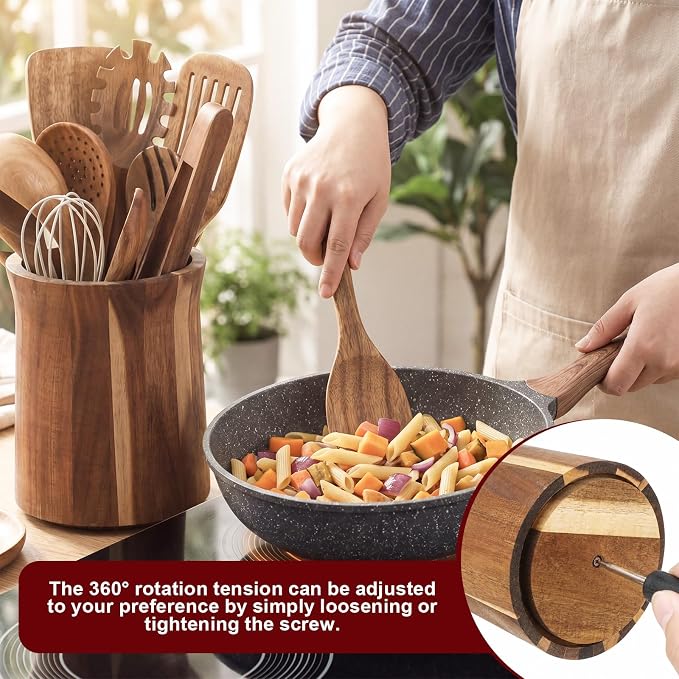 SiliFine 11 Pcs Wooden Kitchen Utensils Set with 360° Trumpet Rotating Holder Acacia Wood Cooking Utensils with Holder Cooking Spoons Spatulas for Nonstick Cookware Countertop Kitchen (Natural)