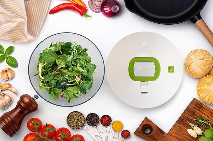 Brieftons 6.2-Quart Large Salad Spinner: Vegetable Washer Dryer Drainer Strainer with Bowl & Colander, Easy One-Handed Pump, Compact Storage, for Washing, Cleaning & Drying Greens, Vegetables, Fruits