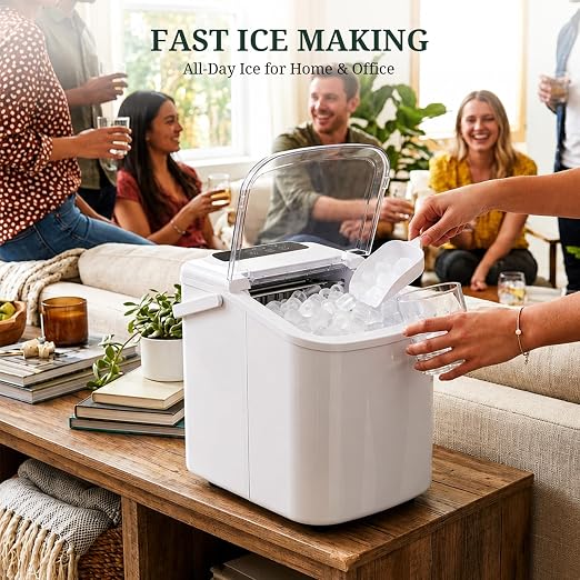 Ice Maker Countertop, Portable Ice Machine with Handle, Basket & Scoop, 26Lbs/24Hrs, 9 Bullet Ice Cubes Ready in 6–8 Mins, 2 Ice Sizes, Self-Cleaning, Quiet Compact for Home Kitchen Office RV Camping