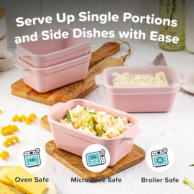 Souper Cubes Ceramic Baking Dishes 2.0-5" x 3" Small Casserole Dishes for Oven with Silicone Lids, Oven, Microwave and Air Fryer Safe,USA Made, Set of 4 - Cotton Candy