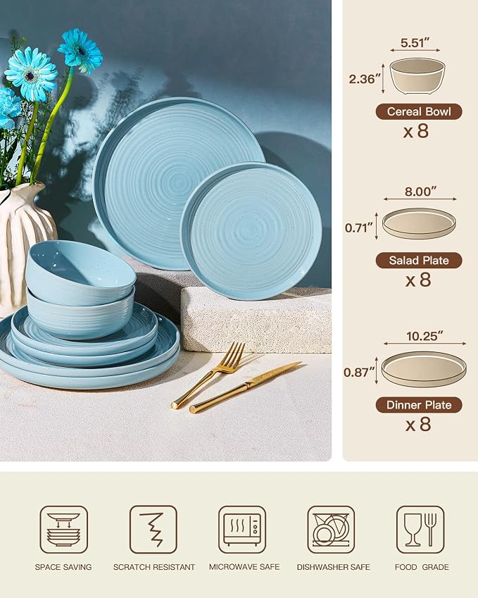 24-Piece Stoneware Dinnerware Sets for 8 - Farmhouse Coupe Plates and Bowls with Speckles & Spirals - Chip & Scratch Resistant, Microwave & Dishwasher Safe - Gift Box, Ice Blue