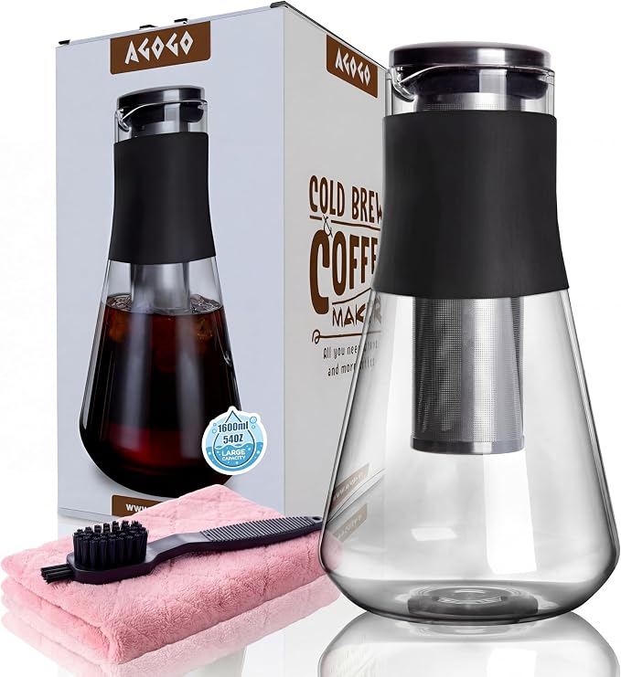 AGOGO Glass Coffee Maker & Tea Pitcher, Hot & Cold Immersion Brewer with Stainless Steel Filter, Silicone Grip Carafe for Countertop Sharing, Iced Tea & Fruit Water, Gift Box 54oz