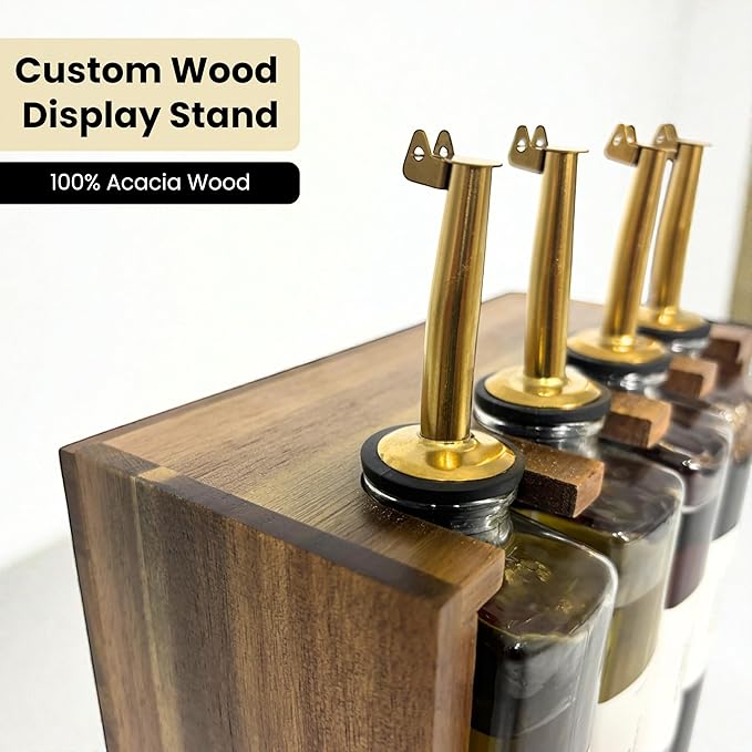The Oil Library | Glass Oil & Vinegar Bottles with 100% Acacia Wood Stand | 4 Containers, 5 Gold Nozzles & 35 Stain-Resistant Labels | Countertop Display Set