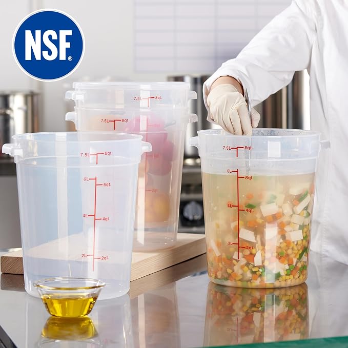 CURTA 8 Quart Translucent Round Food Storage Container with Lid, Pack of 4 – NSF Listed, BPA-Free, Commercial-Grade Polypropylene, Freezer & Dishwasher Safe, Non-Stick, Easy-Read Graduations
