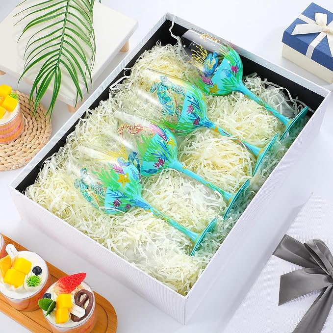 SiliFine 4 Pcs Ocean Hand Painted Wine Glasses Sea Animal Turtles Stemmed Wine Glasses Seahorses Seaweed Fish Decorative Drinking Cups Summer Ocean Beach Gifts for Women Men Birthday Party