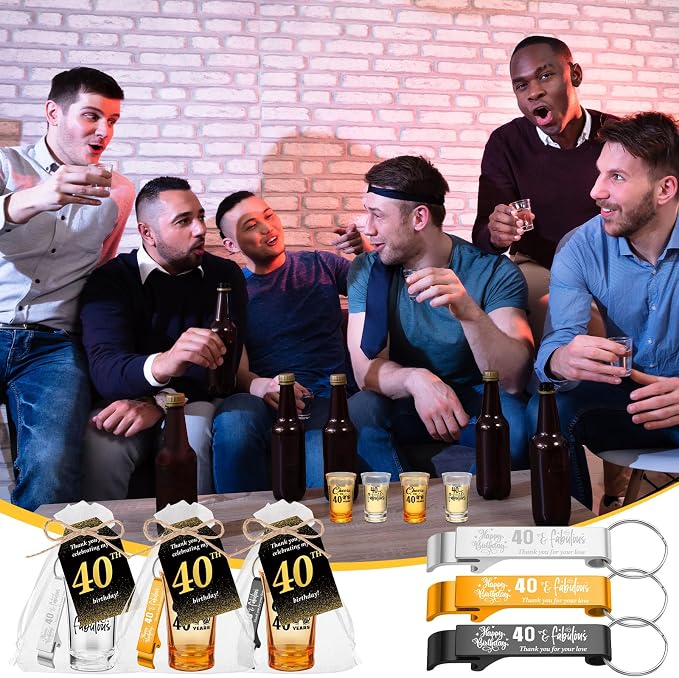 Domensi 50 Sets 40th Birthday Party for Guests Bulk Include Cheers to 40 Short Glasses Beer Bottle Opener Keychains Thank You Cards with Gift Bags and Ropes for Birthday Party Gifts