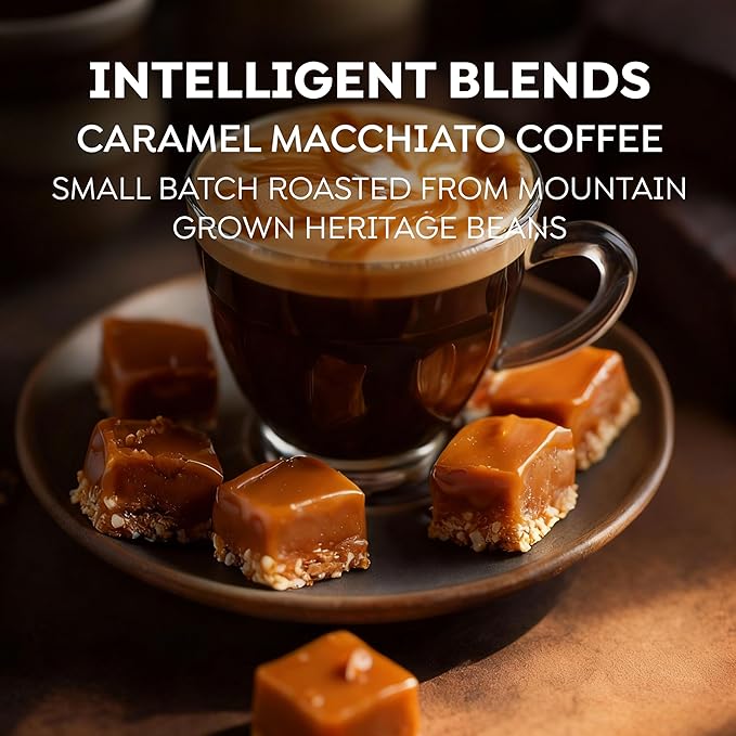 Intelligent Blends Caramel Macchiato Flavored Coffee Pods, 100 ct, Medium Roast Single Serve Pods – 100% Arabica Coffee, Compatible with Keurig K Cups Maker