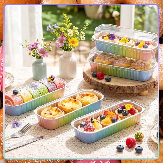 Qunclay 200 Pcs Aluminum Foil Mini Loaf Pans with Lids 6.8 oz Disposable Mini Cake Pan with Lid Rectangle Baking Cups for Party Muffin Cheesecake Ramekins(Rainbow)