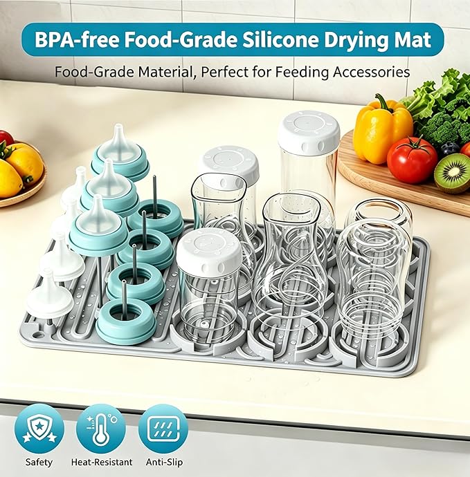 Silicone Baby Bottle Drying Mat, 20 Slots, BPA-Free Non-Toxic, Dishwasher Safe, Foldable Space-Saving Design for Nursery, Kitchen & Travel (Hot Silicone Drying Mat)
