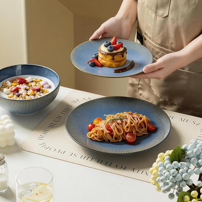 Dinnerware Sets for 4, 12 Piece Stoneware Plates and Bowls Sets, Ribbed Texture, Scratch Resistant Dish Set, Microwave and Dishwasher Safe, Blue