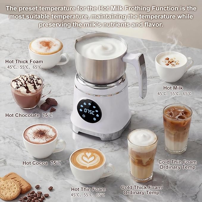 7-IN-1 Milk Frother, 20.3 OZ Milk Frother and Steamer with Temperature Control Stainless Steel Electric Milk Frother Dishwasher Safe Hot and Cold Foam for Latte Hot Chocolate Cocoa (White)