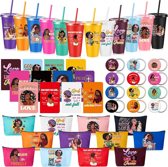Hollowfly 12Set/48Pcs African Americans Black Women Christian Gifts Set Include 24oz Coffee Cup with Lid and Straw, Makeup Bags, Mirrors, Notepad, Black Owned Inspirational Gift for Women(Colorful)