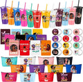 Hollowfly 12Set/48Pcs African Americans Black Women Christian Gifts Set Include 24oz Coffee Cup with Lid and Straw, Makeup Bags, Mirrors, Notepad, Black Owned Inspirational Gift for Women(Colorful)