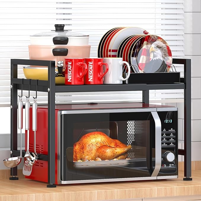 PUSDON Expandable Microwave Oven Rack, 2-Tier Countertop Baker's Rack Style Shelf, Heavy Duty Carbon Steel Stand with 3 Hooks, 160lbs Weight Capacity for Kitchen Organization, Matte Black