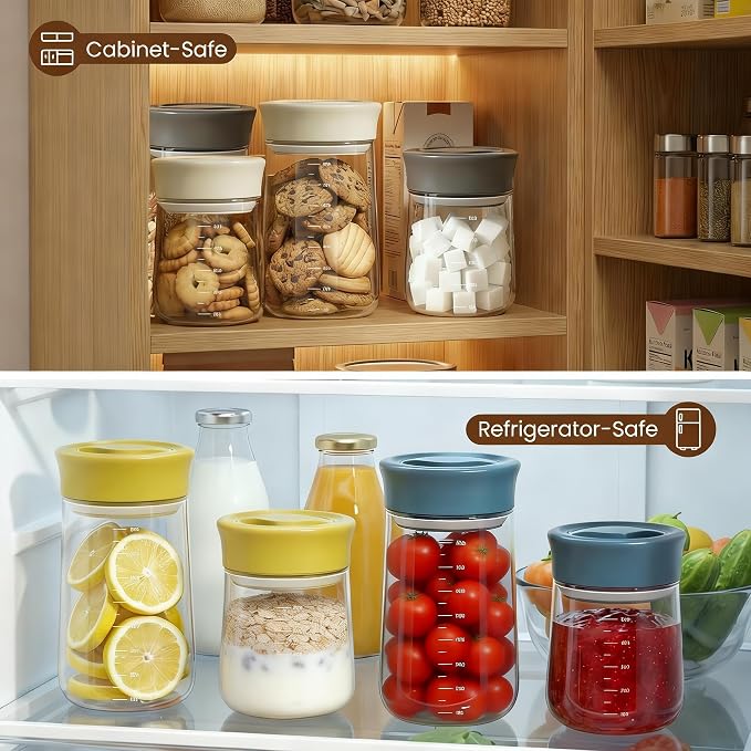OURCABECUE Wide Mouth Mason Jar 16oz, Newly Upgraded Easy Open Rotating Lid, Food Grade Glass Storage Jar for Overnight Oats Yogurt Snacks Candy Jars