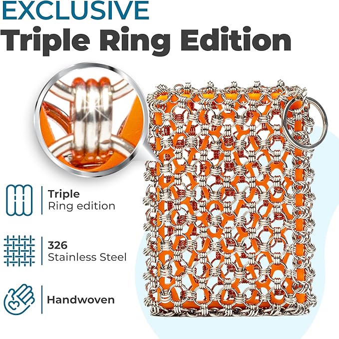 Cast Iron Care Bundle: 316 Stainless Steel 𝐓𝐫𝐢𝐩𝐥𝐞 𝐑𝐢𝐧𝐠 𝐂𝐡𝐚𝐢𝐧𝐦𝐚𝐢𝐥 Scrubber (Orange) & Extra Thick Leather Handle Cover (𝐌𝐚𝐝𝐞 𝐢𝐧 𝐆𝐞𝐨𝐫𝐠𝐢𝐚) – Perfect for Pan